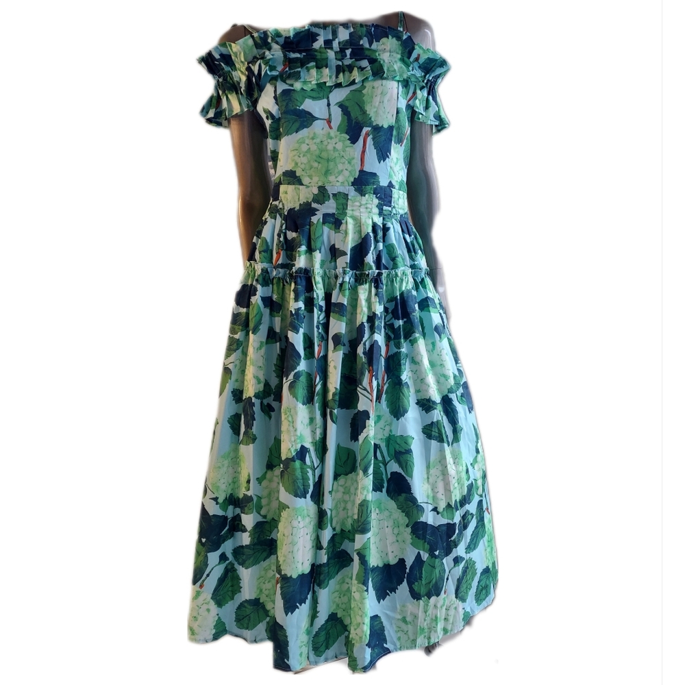 $1,200 TAILOR MADE (NOT OSCAR DE LA RENTA) GREEN FLORAL MIDI DRESS US L - Picture 4 of 13